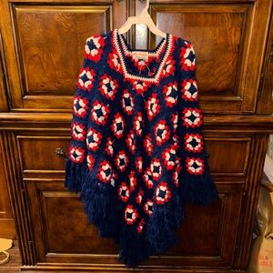Vintage Handmade Crocheted Poncho Sweater Shawl - Red, White, and Blue